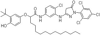 structure of CAS# 61354-99-2, 2-(3-tert-Butyl-4-hydroxyphenoxy)-N-(4-chloro-3-((4,5-dihydro-5-oxo-1-(2,4,6-trichlorophenyl)-1H-pyrazol-3-yl)amino)phenyl)myristamide;N-(4-Chloro-3-((4,5-dihydro-5-oxo-1-(2,4,6-trichlorophenyl)-1H-pyrazol-3-yl)amino)phenyl)-2-(3-(1,1-dimethylethyl)-4-hydroxyphenoxy)-tetradecanamide