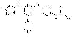 结构式 CAS# 639089-54-6, 陶扎色替; N-[4-[[4-(4-甲基-1-哌嗪基)-6-[(5-甲基-1H-吡唑-3-基)氨基]-2-嘧啶基]硫]苯基]环丙烷甲酰胺