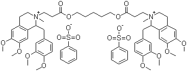 结构式 CAS# 64228-81-5, 苯磺酸阿曲库铵; 2,2'-[1,5-戊二基双[氧(3-氧-3,1-丙二基)]]双[1-(3,4-二甲氧基苯基)甲基]-1,2,3,4-四氢-6,7-二甲氧基-2-甲基异喹啉]二苯磺酸盐