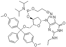 structure of CAS# 642462-81-5, 5'-O-[Bis(4-methoxyphenyl)phenylmethyl]-2'-deoxy-N-ethylguanosine 3'-[2-cyanoethyl bis(1-methylethyl)phosphoramidite]