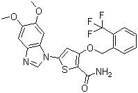 structure of CAS# 660868-91-7, 3-(2-(Trifluoromethyl)benzyloxy)-5-(5,6-dimethoxy-1H-benzo[d]imidazol-1-yl)thiophene-2-carboxamide;Polo-like Kinase Inhibitor III