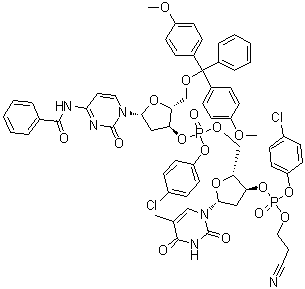 N-Benzoyl-5'-O-[bis(4-methoxyphenyl)phenylmethyl]-P-(4-chlorophenyl)-2'-deoxycytidylyl-(3'→5')-3'-thymidylic acid 4-chlorophenyl 2-cyanoethyl ester molecular structure (CAS 67221-73-2)