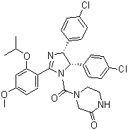 结构式 CAS# 675576-97-3, Nutlin 3b; 4-[[(4R,5S)-4,5-双(4-氯苯基)-4,5-二氢-2-[4-甲氧基-2-(1-甲基乙氧基)苯基]-1H-咪唑-1-基]羰基]-2-哌嗪酮