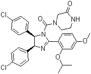 structure of CAS# 675576-98-4, Nutlin 3a;4-[[(4S,5R)-4,5-Bis(4-chlorophenyl)-4,5-dihydro-2-[4-methoxy-2-(1-methylethoxy)phenyl]-1H-imidazol-1-yl]carbonyl]-2-piperazinone