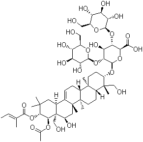 structure of CAS# 6805-41-0, Escin;Aescin; Chestnuts extract; (2S,3S,4S,5R,6R)-6-[[(3S,4R,4aR,6aR,6bS,8R,8aS,9S,10S,12aR,14aR,14bS)-9-Acetyloxy-8-hydroxy-4,8a-bis(hydroxymethyl)-4,6a,6b,11,11,14b-hexamethyl-10-[(Z)-2-methylbut-2-enoyl]oxy-1,2,3,4a,5,6,7,8,9,10,12,12a,14,14a-tetradecahydropicen-3-yl]oxy]-4-hydroxy-3,5-bis[[(2S,3R,4S,5S,6R)-3,4,5-trihydroxy-6-(hydroxymethyl)oxan-2-yl]oxy]oxane-2-carboxylic acid
