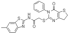 结构式 CAS# 686770-61-6, IWP 2; N-(6-甲基-2-苯并噻唑基)-2-[(3,4,6,7-四氢-4-氧代-3-苯基噻吩并[3,2d]嘧啶-2-基)硫基]乙酰胺