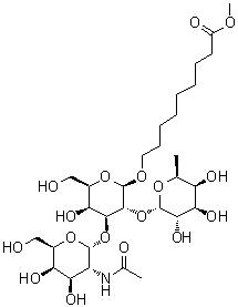 9-[[O-2-(乙酰氨基)-2-脱氧-alpha-D-吡喃半乳糖基-(1→3)-O-[6-脱氧-alpha-L-吡喃半乳糖基-(1→2)]-beta-D-吡喃半乳糖基]氧基]壬酸甲酯分子结构 (CAS 68733-37-9)