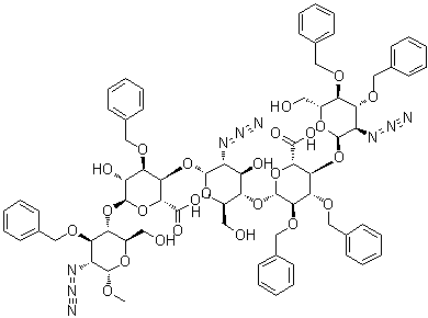Methyl O-2-azido-2-deoxy-3,4-bis-O-(phenylmethyl)-alpha-D-glucopyranosyl-(1→4)-O-2,3-bis-O-(phenylmethyl)-beta-D-glucopyranuronosyl-(1→4)-O-2-azido-2-deoxy-alpha-D-glucopyranosyl-(1→4)-O-3-O-(phenylmethyl)-alpha-L-idopyranuronosyl-(1→4)-2-azido-2-deoxy-3-O-(phenylmethyl)-alpha-D-glucopyranoside molecular structure (CAS 704210-18-4)
