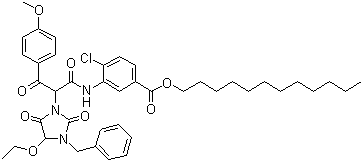 alpha-(4-甲氧基苯甲酰基)-alpha-(1-苄基-5-乙氧基海因)-2-氯-5-十二烷氧基羰基乙酰苯胺分子结构 (CAS 70950-45-7)