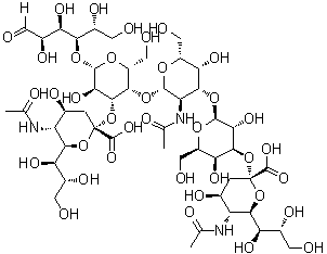 O-(N-Acetyl-alpha-neuraminosyl)-(2→3)-O-[O-(N-acetyl-alpha-neuraminosyl)-(2→3)-O-beta-D-galactopyranosyl-(1→3)-2-(acetylamino)-2-deoxy-beta-D-galactopyranosyl-(1→4)]-O-beta-D-galactopyranosyl-(1→4)-D-glucose molecular structure (CAS 71494-27-4)