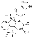 structure of CAS# 71751-77-4, Meleagrin;(1S,9R,14E)-11-hydroxy-14-(1H-imidazol-5-ylmethylidene)-2-methoxy-9-(2-methylbut-3-en-2-yl)-2,13,16-triazatetracyclo[7.7.0.01,13.03,8]hexadeca-3,5,7,10-tetraene-12,15-dione