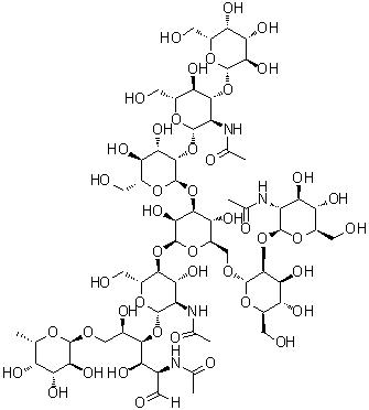 O-beta-D-Galactopyranosyl-(1→3)-O-2-(acetylamino)-2-deoxy-beta-D-glucopyranosyl-(1→2)-O-alpha-D-mannopyranosyl-(1→3)-O-[O-2-(acetylamino)-2-deoxy-beta-D-glucopyranosyl-(1→2)-alpha-D-mannopyranosyl-(1→6)]-O-beta-D-mannopyranosyl-(1→4)-O-2-(acetylamino)-2-deoxy-beta-D-glucopyranosyl-(1→4)-O-[6-deoxy-alpha-L-galactopyranosyl-(1→6)]-2-(acetylamino)-2-deoxy-D-glucose molecular structure (CAS 721918-59-8)