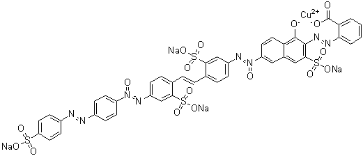 Tetrasodium [2-[[1-hydroxy-3-sulfo-6-[[3-sulfo-4-[2-[2-sulfo-4-[[4-[(4-sulfophenyl)azo]phenyl]-ONN-azoxy]phenyl]ethenyl]phenyl]-NNO-azoxy]-2-naphthalenyl]azo]benzoato]cuprate molecular structure (CAS 73507-19-4)