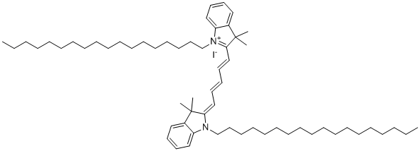 structure of CAS# 75539-51-4, Cy5 dic18;(2E)-2-[(2E,4E)-5-(3,3-dimethyl-1-octadecylindol-1-ium-2-yl)penta-2,4-dienylidene]-3,3-dimethyl-1-octadecylindole iodide
