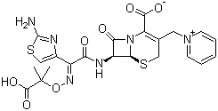 structure of CAS# 78439-06-2, Ceftazidime;(6R,7R)-7-[[(2Z)-2-(2-Amino-1,3-thiazol-4-yl)-2-(1-hydroxy-2-methyl-1-oxopropan-2-yl)oxyiminoacetyl]amino]-8-oxo-3-(pyridin-1-ium-1-ylmethyl)-5-thia-1-azabicyclo[4.2.0]oct-2-ene-2-carboxylate
