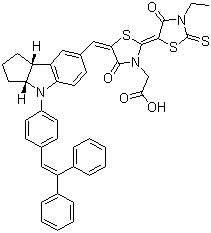 结构式 CAS# 786643-20-7, D 149; 5-[[4-[4-(2,2-二苯基乙烯基)苯基]-1,2,3,3a,4,8b-六氢环戊烯并[b]吲哚-7-基]亚甲基]-2-(3-乙基-4-氧代-2-硫酮-5-噻唑亚基)-4-氧代-3-噻唑烷乙酸