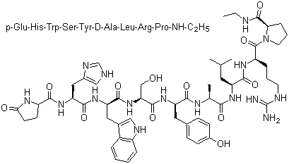 structure of CAS# 79561-22-1, Alarelin;acetic acid;(2S)-N-[(2S)-1-[[(2S)-1-[[(2S)-1-[[(2S)-1-[[(2R)-1-[[(2S)-1-[[(2S)-5-(diaminomethylideneamino)-1-[(2S)-2-(ethylcarbamoyl)pyrrolidin-1-yl]-1-oxopentan-2-yl]amino]-4-methyl-1-oxopentan-2-yl]amino]-1-oxopropan-2-yl]amino]-3-(4-hydroxyphenyl)-1-oxopropan-2-yl]amino]-3-hydroxy-1-oxopropan-2-yl]amino]-3-(1H-indol-3-yl)-1-oxopropan-2-yl]amino]-3-(1H-imidazol-5-yl)-1-oxopropan-2-yl]-5-oxopyrrolidine-2-carboxamide