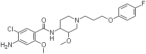 结构式 CAS# 81098-60-4, 西沙必利; (+/-)-顺式-4-氨基-5-氯-N-[1-[3-(4-氟苯氧基)丙基]-3-甲氧基-4-哌啶基]-2-甲氧基苯甲酰胺