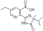 structure of CAS# 81335-77-5, Imazethapyr;2-(4,5-dihydro-4-methyl-4-(1-methylethyl)-5-oxo-1H-imidazol-2-yl)-5-ethyl-3-pyridinecarboxylic acid; 5-Ethyl-2-(4-isopropyl-4-methyl-5-oxo-2-imidazolin-2-yl)nicotinic acid; Pursuit DG