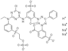 [2-[2-[[2-[3-[[4-Chloro-6-[ethyl[3-[[2-(sulfooxy)ethyl]sulfonyl]phenyl]amino]-1,3,5-triazin-2-yl]amino]-2-hydroxy-5-sulfophenyl]diazenyl]phenylmethyl]diazenyl]-4-sulfobenzoato]cuprate sodium hydrogen (1:3:1) molecular structure (CAS 84057-71-6)