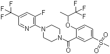 structure of CAS# 845614-11-1, Paliflutine;(S)-[4-(3-Fluoro-5-trifluoromethylpyridin-2-yl)piperazin-1-yl][5-(methanesulfonyl)-2-(2,2,2-trifluoro-1-methylethoxy)phenyl]methanone; [4-(3-Fluoro-5-trifluoromethylpyridin-2-yl)piperazin-1-yl][5-Methylsulfonyl-2-[((S)-2,2,2-trifluoro-1-methylethyl)oxy]phenyl]methanone