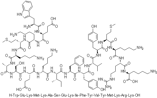 L-Tryptophyl-L-alpha-glutamyl-L-lysyl-L-methionyl-L-lysyl-L-alanyl-L-seryl-L-alpha-glutamyl-L-lysyl-L-isoleucyl-L-phenylalanyl-L-tyrosyl-L-valyl-L-tyrosyl-L-methionyl-L-lysyl-L-arginyl-L-lysine molecular structure (CAS 849359-90-6)
