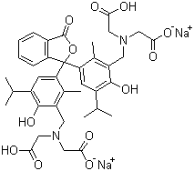 structure of CAS# 85409-48-9, Thymolphthalein complexone disodium salt;Disodium N,N'-[bis[[6-hydroxy-5-isopropyl-2-methylphen-3,1-ylene]methylene](3-oxo-1(3H)-isobenzofuranylidene)]bis[N-(carboxymethyl)aminoacetate]