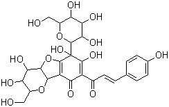 structure of CAS# 85532-77-0, Safflor Yellow A;6-beta-D-Glucopyranosyl-2,3,4,4a,6,9b-hexahydro-3,4,6,7-tetrahydroxy-2-(hydroxymethyl)-8-[3-(4-hydroxyphenyl)-1-oxo-2-propenyl]-9H-pyrano[3,2-b]benzofuran-9-one