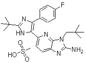 structure of CAS# 862507-23-1, 5-[2-(tert-Butyl)-4-(4-fluorophenyl)-1H-imidazol-5-yl]-3-(2,2-dimethylpropyl)-3H-imidazo[4,5-b]pyridin-2-amine methanesulfonate