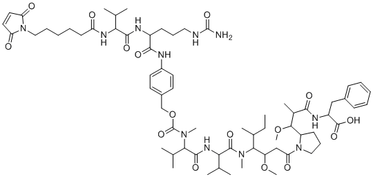 N-[[[4-[[N-[6-(2,5-dihydro-2,5-dioxo-1H-pyrrol-1-yl)-1-oxohexyl]-L-valyl-N5-(aminocarbonyl)-L-ornithyl]amino]phenyl]methoxy]carbonyl]-N-methyl-L-valyl-L-valyl-(3R,4S,5S)-3-methoxy-5-methyl-4-(methylamino)heptanoyl-(aR,ßR,2S)-ß-methoxy-a-methyl-2-pyrrolidinepropanoyl-L-Phenylalanine molecular structure (CAS 863971-17-9)