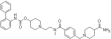 structure of CAS# 864750-70-9, Revefenacin;N-[1,1'-Biphenyl]-2-yl-carbamic acid 1-[2-[[4-[[4-(aminocarbonyl)-1-piperidinyl]methyl]benzoyl]methylamino]ethyl]-4-piperidinyl ester; TD 4208