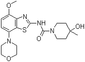 结构式 CAS# 870070-55-6, SYN-115; 4-羟基-N-[4-甲氧基-7-(4-吗啉基)-2-苯并噻唑基]-4-甲基-1-哌啶甲酰胺