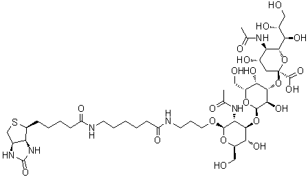 (3aS,4S,6aR)-N-[6-[[3-[[O-(N-Acetyl-alpha-neuraminosyl)-(2→3)-O-beta-D-galactopyranosyl-(1→3)-2-(acetylamino)-2-deoxy-D-glucopyranosyl]oxy]propyl]amino]-6-oxohexyl]hexahydro-2-oxo-1H-thieno[3,4-d]imidazole-4-pentanamide molecular structure (CAS 870892-22-1)