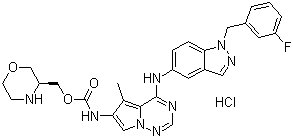 structure of CAS# 873837-23-1, BMS-599626;[4-[[1-[(3-Fluorophenyl)methyl]-1H-indazol-5-yl]amino]-5-methylpyrrolo[2,1-f][1,2,4]triazin-6-yl]carbamic acid (3S)-3-morpholinylmethyl ester hydrochloride