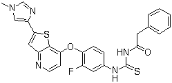 structure of CAS# 875337-44-3, MGCD-265;N-(3-Fluoro-4-(2-(1-methyl-1H-imidazol-4-yl)thieno[3,2-b]pyridin-7-yloxy)phenylcarbamothioyl)-2-phenylacetamide