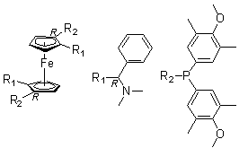 structure of CAS# 876608-69-4, (1R,1'R)-1,1'-Bis[bis(4-methoxy-3,5-dimethylphenyl)phosphino]-2,2'-bis[(R)-(dimethylamino)phenylmethyl]ferrocene