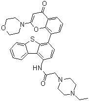structure of CAS# 881375-00-4, KU 0060648;4-Ethyl-N-[4-[2-(4-morpholinyl)-4-oxo-4H-1-benzopyran-8-yl]-1-dibenzothienyl]-1-piperazineacetamide