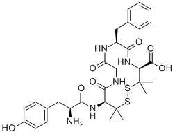 structure of CAS# 88373-73-3, DPDPE;(D-Pen2,D-Pen5)-Enkephalin;(4S,7S,13S)-13-[[(2S)-2-amino-3-(4-hydroxyphenyl)propanoyl]amino]-7-benzyl-3,3,14,14-tetramethyl-6,9,12-trioxo-1,2-dithia-5,8,11-triazacyclotetradecane-4-carboxylic acid