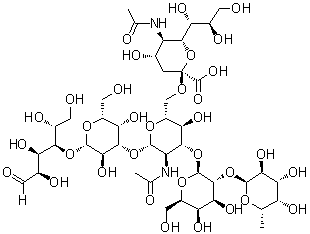 O-(N-乙酰基-alpha-神经胺酸基)-(2→6)-O-[O-6-脱氧-alpha-L-吡喃半乳糖基-(1→2)-beta-D-吡喃半乳糖基-(1→3)]-O-2-(乙酰氨基)-2-脱氧-beta-D-吡喃葡萄糖基-(1→3)-O-beta-D-吡喃半乳糖基-(1→4)-D-葡萄糖分子结构 (CAS 89458-13-9)