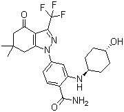 structure of CAS# 908112-43-6, SNX 2112;PF 04928473; 2-[(trans-4-Hydroxycyclohexyl)amino]-4-[4,5,6,7-tetrahydro-6,6-dimethyl-4-oxo-3-(trifluoromethyl)-1H-indazol-1-yl]benzamide