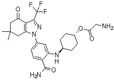 structure of CAS# 908115-27-5, PF 04929113;SNX 5422; Glycine trans-4-[[2-(aminocarbonyl)-5-[4,5,6,7-tetrahydro-6,6-dimethyl-4-oxo-3-(trifluoromethyl)-1H-indazol-1-yl]phenyl]amino]cyclohexyl ester