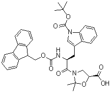结构式 CAS# 908601-15-0, 3-[(2S)-3-[(5S)-5-羧基-2,2-二甲基-3-恶唑烷基]-2-[[芴甲氧羰基]氨基]-3-氧代丙基]-1H-吲哚-1-羧酸叔丁酯