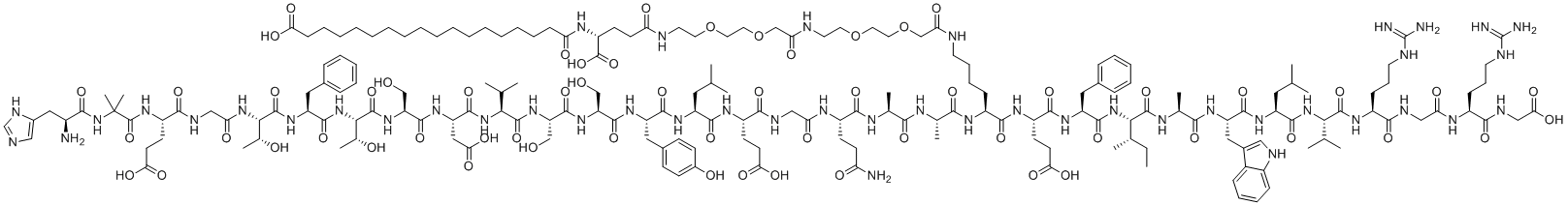 structure of CAS# 910463-68-2, Semaglutide;NN 9535; NNC 0113-0217;18-[[(1R)-4-[2-[2-[2-[2-[2-[2-[[(5S)-5-[[(2S)-2-[[(2S)-2-[[(2S)-5-amino-2-[[2-[[(2S)-2-[[(2S)-2-[[(2S)-2-[[(2S)-2-[[(2S)-2-[[(2S)-2-[[(2S)-2-[[(2S)-2-[[(2S,3R)-2-[[(2S)-2-[[(2S,3R)-2-[[2-[[(2S)-2-[[2-[[(2S)-2-amino-3-(1H-imidazol-5-yl)propanoyl]amino]-2-methylpropanoyl]amino]-4-carboxybutanoyl]amino]acetyl]amino]-3-hydroxybutanoyl]amino]-3-phenylpropanoyl]amino]-3-hydroxybutanoyl]amino]-3-hydroxypropanoyl]amino]-3-carboxypropanoyl]amino]-3-methylbutanoyl]amino]-3-hydroxypropanoyl]amino]-3-hydroxypropanoyl]amino]-3-(4-hydroxyphenyl)propanoyl]amino]-4-methylpentanoyl]amino]-4-carboxybutanoyl]amino]acetyl]amino]-5-oxopentanoyl]amino]propanoyl]amino]propanoyl]amino]-6-[[(2S)-1-[[(2S)-1-[[(2S,3S)-1-[[(2S)-1-[[(2S)-1-[[(2S)-1-[[(2S)-1-[[(2S)-5-carbamimidamido-1-[[2-[[(2S)-5-carbamimidamido-1-(carboxymethylamino)-1-oxopentan-2-yl]amino]-2-oxoethyl]amino]-1-oxopentan-2-yl]amino]-3-methyl-1-oxobutan-2-yl]amino]-4-methyl-1-oxopentan-2-yl]amino]-3-(1H-indol-3-yl)-1-oxopropan-2-yl]amino]-1-oxopropan-2-yl]amino]-3-methyl-1-oxopentan-2-yl]amino]-1-oxo-3-phenylpropan-2-yl]amino]-4-carboxy-1-oxobutan-2-yl]amino]-6-oxohexyl]amino]-2-oxoethoxy]ethoxy]ethylamino]-2-oxoethoxy]ethoxy]ethylamino]-1-carboxy-4-oxobutyl]amino]-18-oxooctadecanoic acid