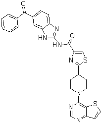 N-(6-Benzoyl-1H-benzimidazol-2-yl)-2-(1-thieno[3,2-d]pyrimidin-4-yl-4-piperidinyl)-4-thiazolecarboxamide molecular structure (CAS 913822-46-5)