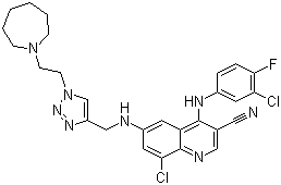 结构式 CAS# 915365-57-0, 6-[[[1-[2-(氮杂庚烷-1-基)乙基]-1H-1,2,3-三唑-4-基]甲基]氨基]-8-氯-4-[(3-氯-4-氟苯基)氨基]喹啉-3-甲腈