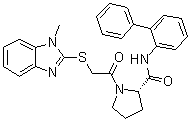 structure of CAS# 916141-36-1, (2S)-N-[1,1'-Biphenyl]-2-yl-1-[2-[(1-methyl-1H-benzimidazol-2-yl)thio]acetyl]-2-pyrrolidinecarboxamide