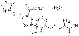 [6R-(6alpha,7alpha)]-7-[[[(2-Amino-2-carboxyethyl)thio]acetyl]amino]-7-methoxy-3-[[(1-methyl-1H-tetrazol-5-yl)thio]methyl]-8-oxo-5-thia-1-azabicyclo[4.2.0]oct-2-ene-2-carboxylic acid monosodium salt heptahydrate molecular structure (CAS 92636-39-0)