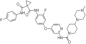 structure of CAS# 928037-13-2, E-7050;N-[2-Fluoro-4-[[2-[[[4-(4-methylpiperazin-1-yl)piperidin-1-yl]carbonyl]amino]pyridin-4-yl]oxy]phenyl]-N'-(4-fluorophenyl)cyclopropane-1,1-dicarboxamide