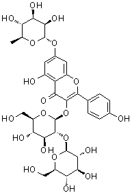 山柰酚 3-O-beta-D-槐糖苷 7-O-alpha-L-鼠李糖苷分子结构 (CAS 93098-79-4)