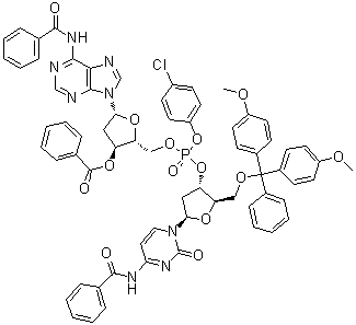 N-Benzoyl-5'-O-[bis(4-methoxyphenyl)phenylmethyl]-P-(4-chlorophenyl)-2'-deoxycytidylyl-(3'→5')-N-benzoyl-2'-deoxyadenosine 3'-benzoate molecular structure (CAS 93778-56-4)